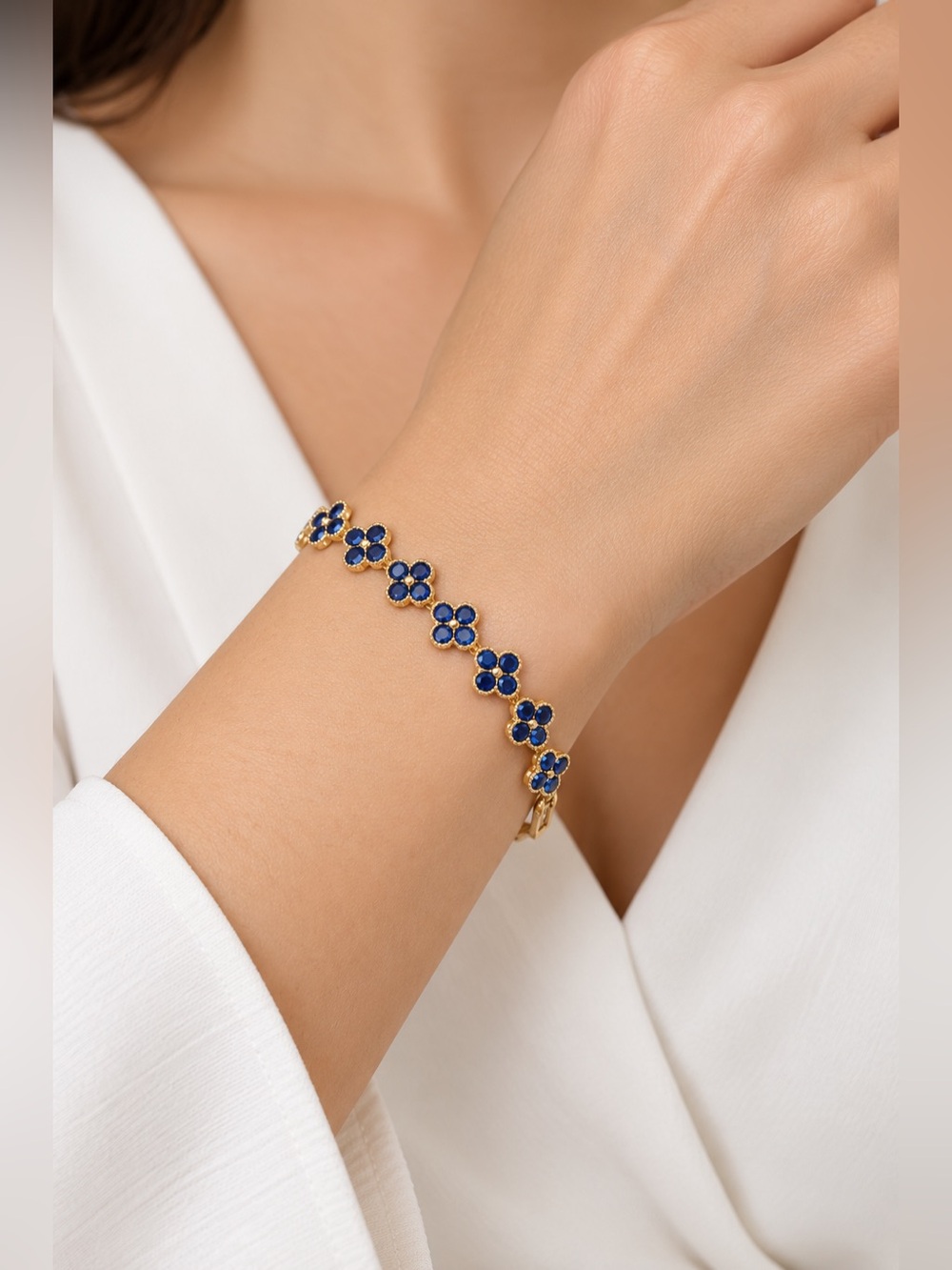 Gold Filled NEW Floral Bracelet with Deep Blue Florals, Box Included